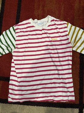 Desigual Long Sleeve Striped Tee in White, Pink, Green, Yellow